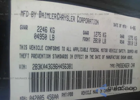 2006 Dodge Charger from USA, damaged, VIN 2B3KA43G96H456381